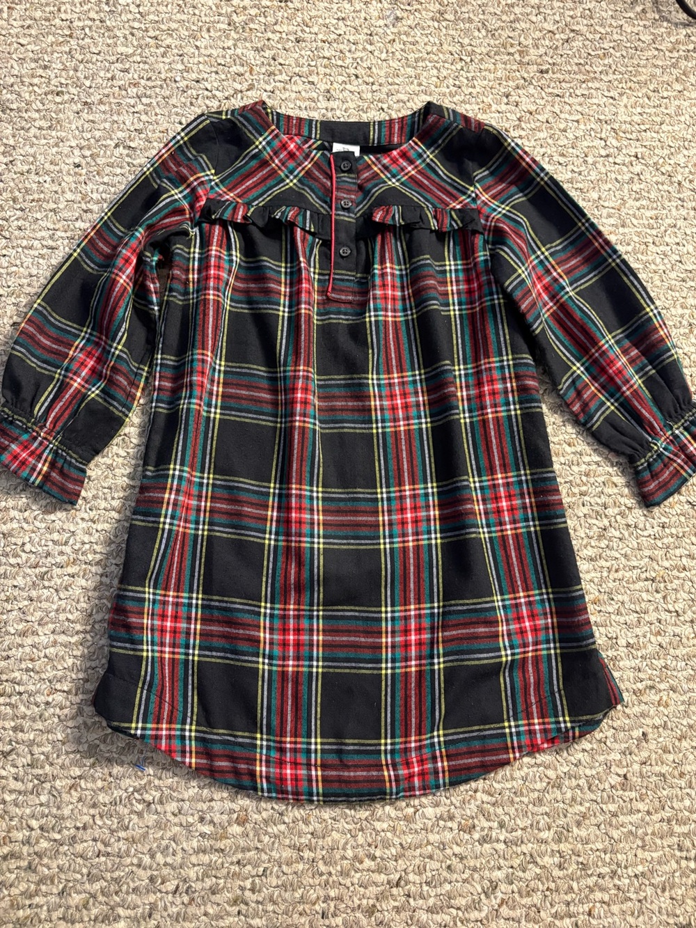 Crewcuts Kids Black Plaid Ruffle-Yoke Nightgown with Red and Green, Size 6